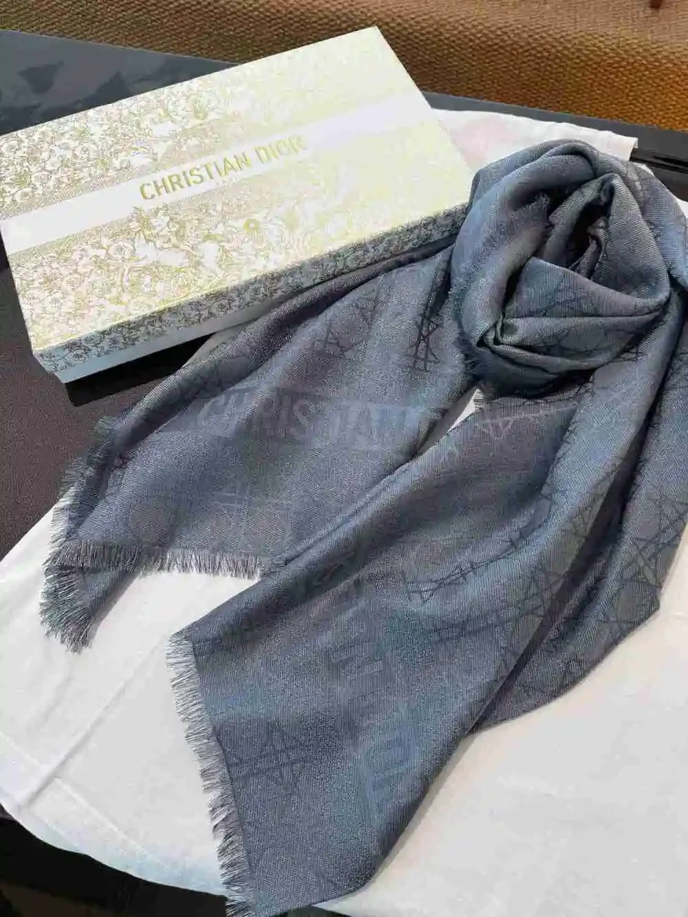 DIOR Blue Monogram Fringed Scarf